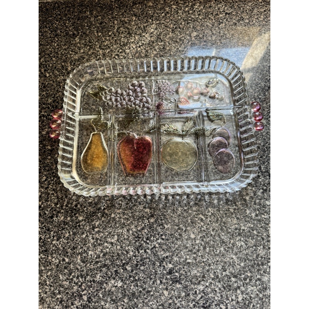 Vintage Indiana Glass Serving Tray Divided 5-Way Multicolor Fruit Design